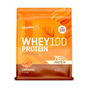 LinusPro Whey100 proteinpulver karamel 400 g med 76 % protein og uden tilsat sukker