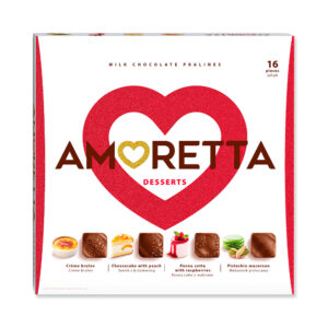 Æske med Amoretta Desserts – 16 fyldte dessertchokolader i gaveæske.