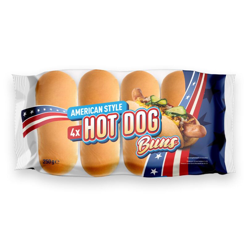 American style. Hotdog brød bestående af 4 stk. brød, der er lagt på række.