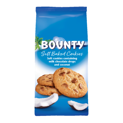 Bounty Soft Baked Cookies I blå emballage med kokosskaller.