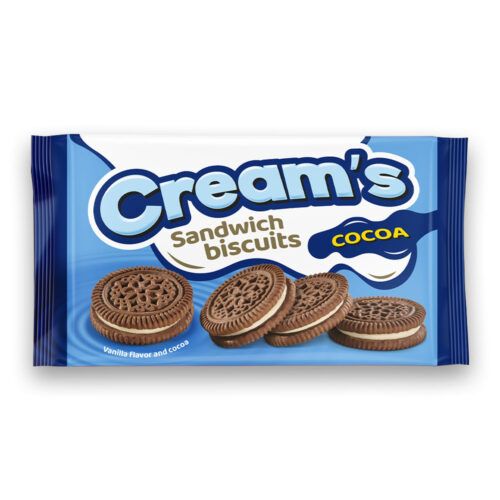 Creams Sandwish Biscuits. Sprøde kakaokiks med 32% creme med vaniljesmag. 
