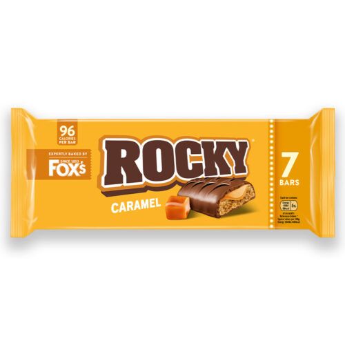 FOX Rocky Caramel. Gul emballage, der indeholder 7 bars