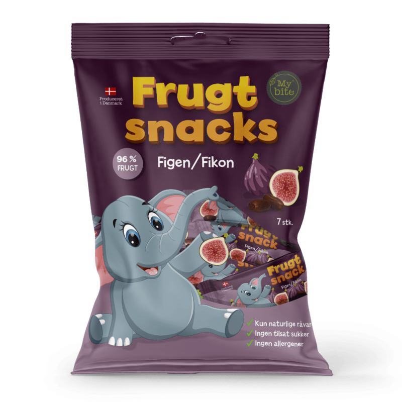 Lilla pose med Frugt Snacks, der smager af figen. Foran sidder en sød elefant.