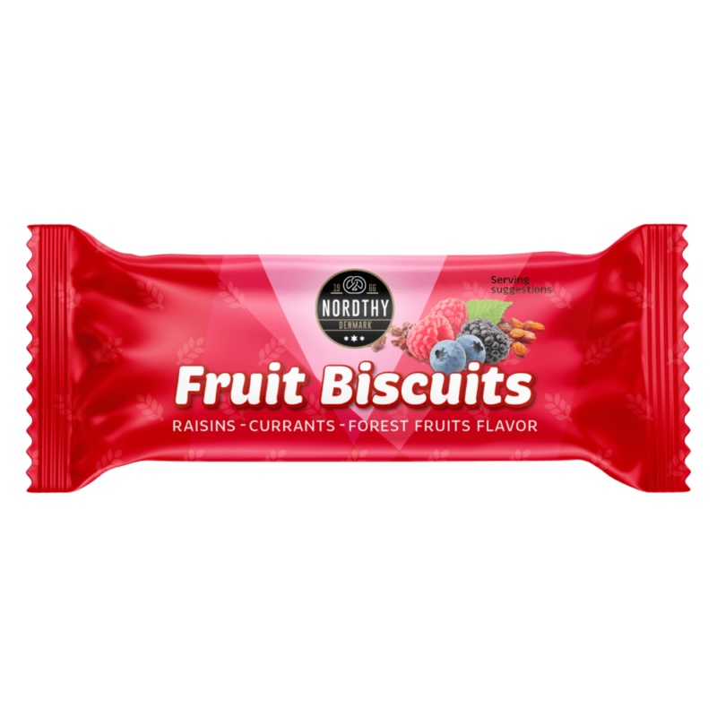 Fruit Biscuits Forrest Berry single pakket i rød emballage med bær