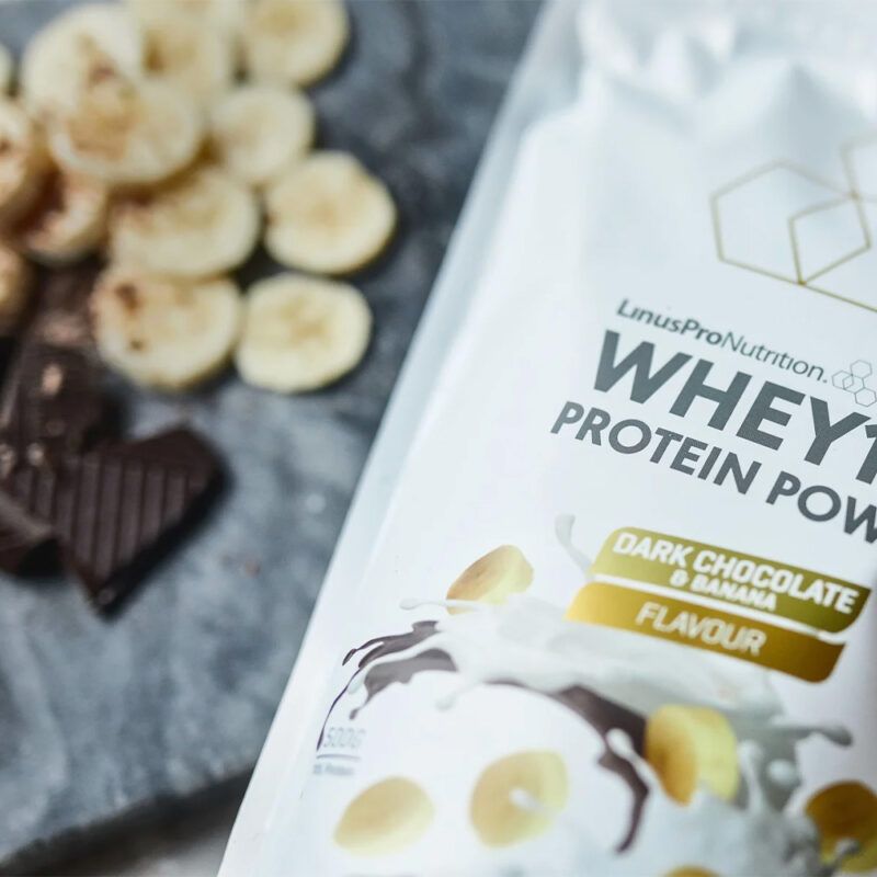LinusPro Whey 100 proteinpulver med banana og mærk chokolade