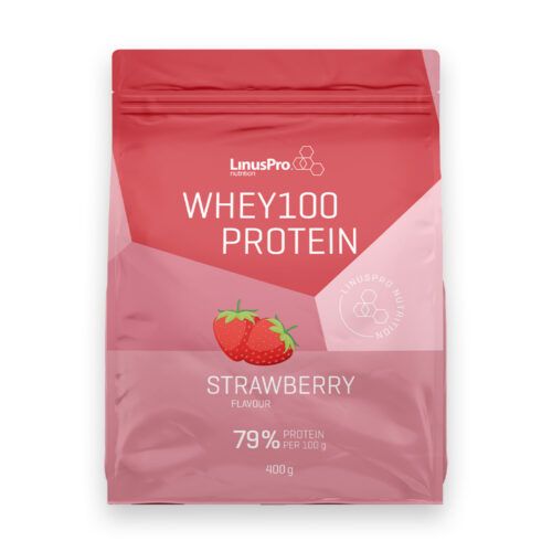 LinusPro Whey100 Proteinpulver i rød pose med smag af jordbær