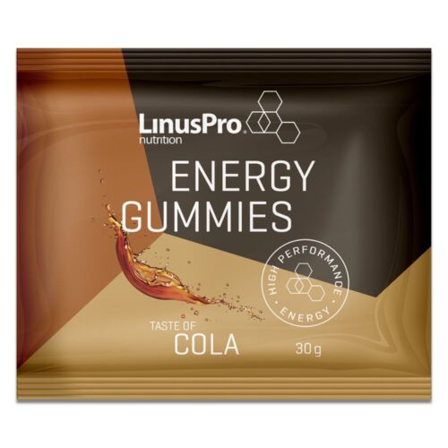 LinusPro Energy Gummies med colasmag i brun pose. Posen indeholder 30 g