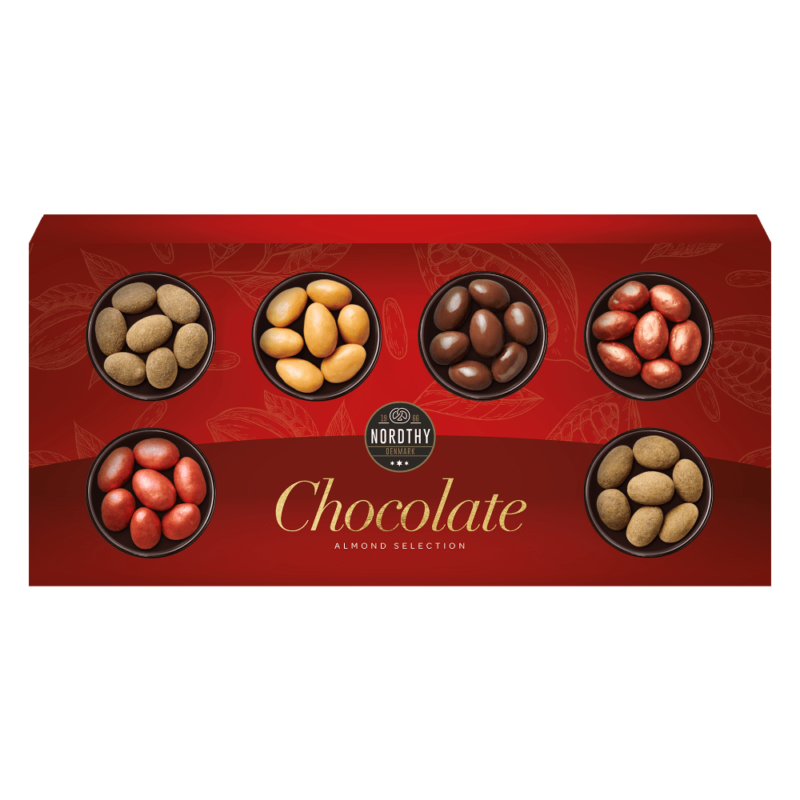 Mini Chocolate Selection med chokolademandler i rød gaveæske
