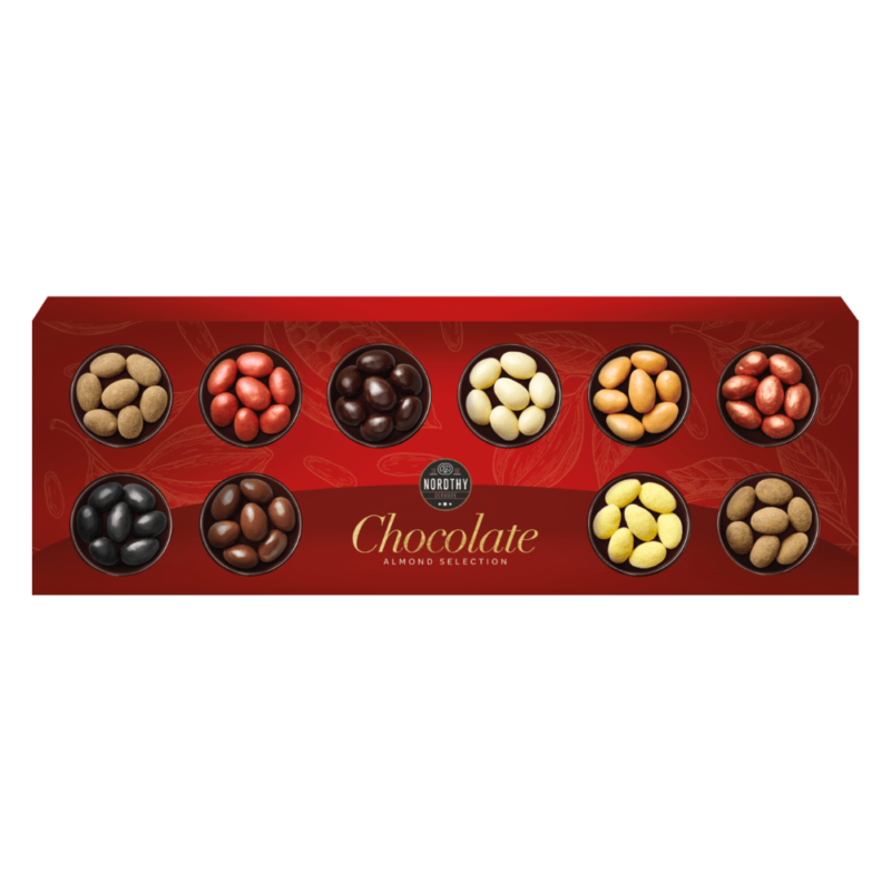 Rød gaveæske med Nordthy Chokolademandler box med 10 varianter