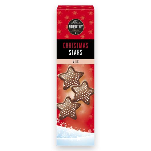 flot rød og aflang æske med Nordthy Christmas Stars i mælkechokolade.