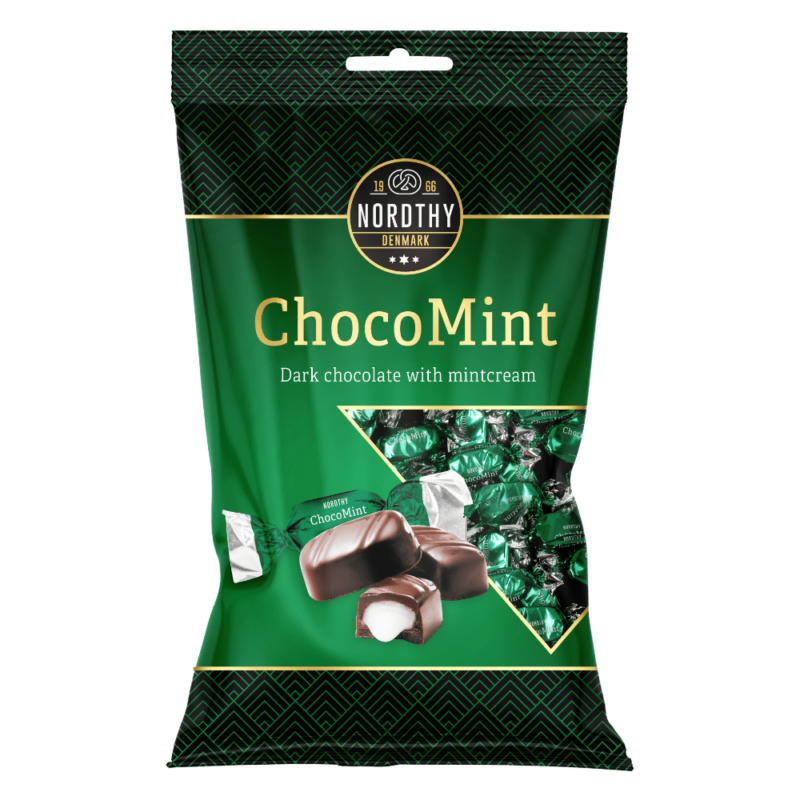 Nordthy ChocoMint. Mørk chokolade med mintcreme i grønt folie