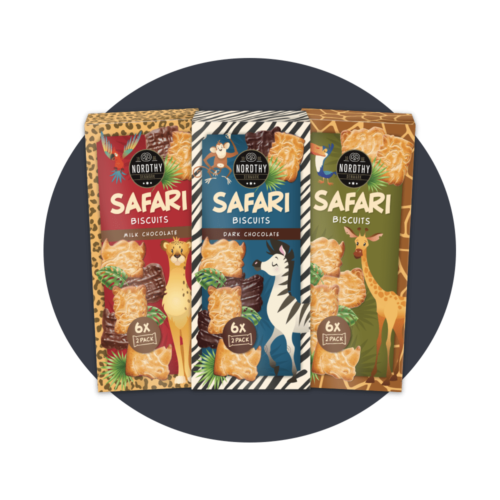 3 æsker med Safarikiks. Safari kiks med mælkechokolade, safari kiks med mørk chokolade og almindelige safari kiks