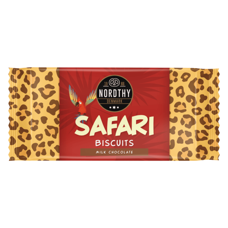 Safara Biscuits med mælkechokolade. Folie med leopardstriber og en papegøje.